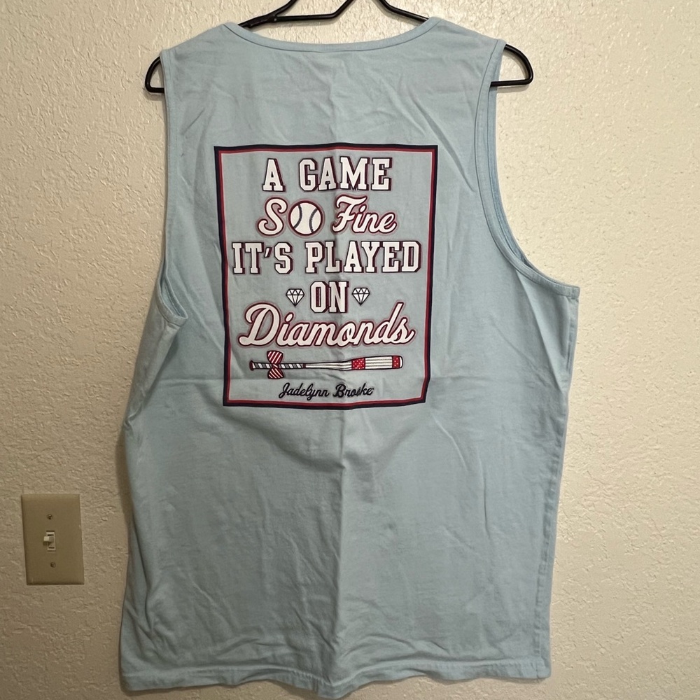 Jadelynn Brooke blue tank top with baseball graphic